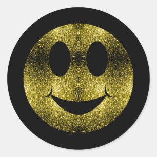 Sparkly Smile face Yellow Gold sparkles on Black Classic Round Sticker