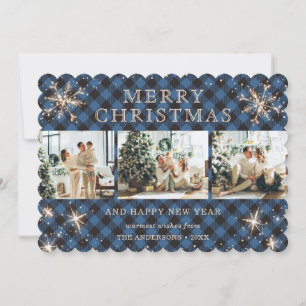 Sparkly Snowflake Blue Buffalo Plaid Photo Collage Holiday Card