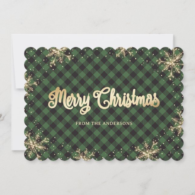 Sparkly Snowflakes Green Plaid Gold Christmas Holiday Card (Front)
