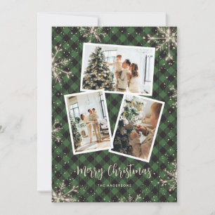 Sparkly Snowflakes Green Plaid Photo Christmas Holiday Card