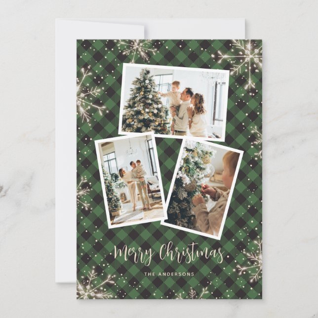 Sparkly Snowflakes Green Plaid Photo Christmas Holiday Card (Front)