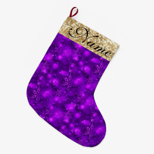 Sparkly Snowflakes, Purple & Gold Glitter - Large Christmas Stocking