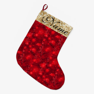 Sparkly Snowflakes, Red & Gold Glitter - Large Christmas Stocking