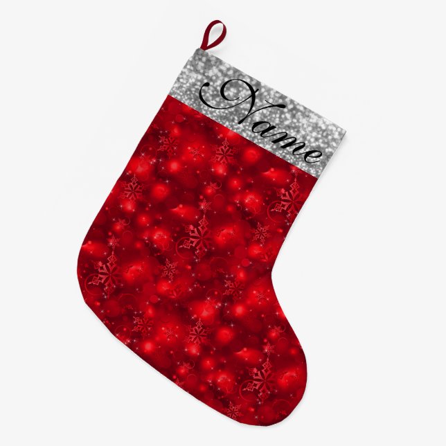 Sparkly Snowflakes, Red & Silver Glitter - Large Christmas Stocking (Front (Hanging))