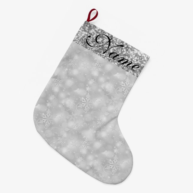 Sparkly Snowflakes, Silver & Silver Glitter - Large Christmas Stocking (Front (Hanging))