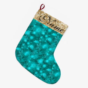 Sparkly Snowflakes, Teal & Gold Glitter - Large Christmas Stocking
