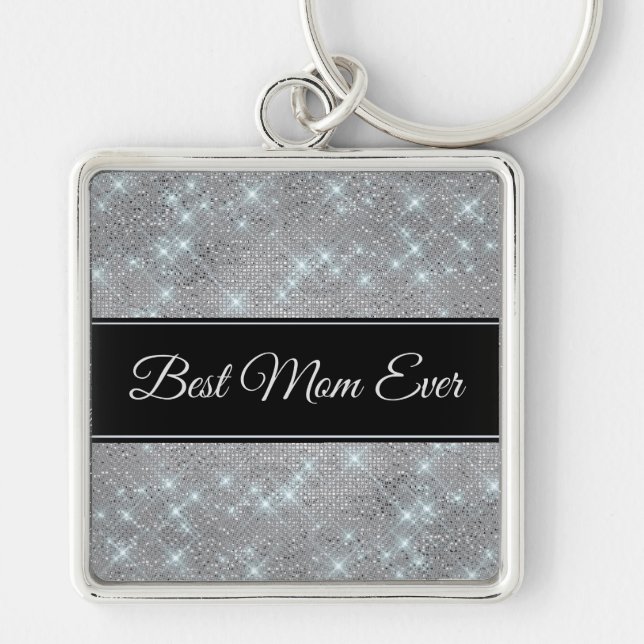 Sparkly Star Silver Black Best Mom Key Ring (Front)