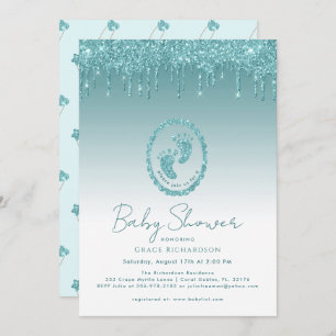 Sparkly Teal Baby Shower Feet Glitter Drips Invitation