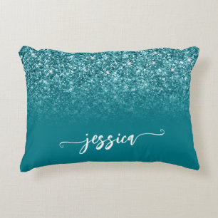 Sparkly Teal Glitter Ombre Modern Script Decorative Cushion