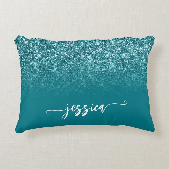 Sparkly Teal Glitter Ombre Modern Script Decorative Cushion (Front)