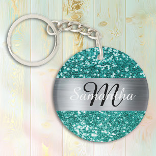 Sparkly Teal Glitter Silver Foil Monogram Key Ring
