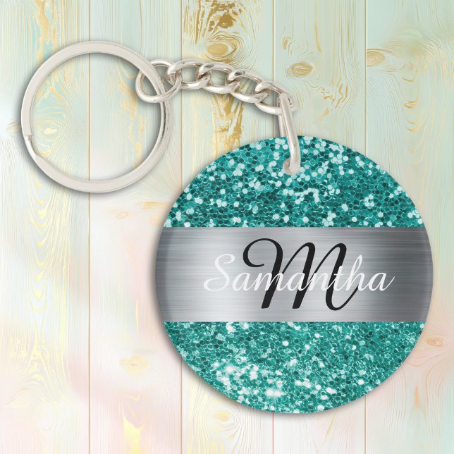 Sparkly Teal Glitter Silver Foil Monogram Key Ring (Sparkly Teal Glitter Silver Foil Monogram Keychain)