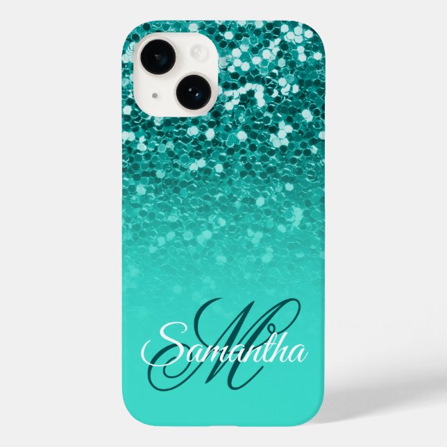 Sparkly Teal Glitter Turquoise Ombre Monogram Case-Mate iPhone Case (Back)