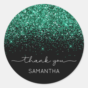 Sparkly Teal Green Glitter Black Name Thank You Classic Round Sticker