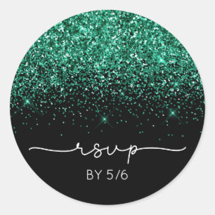 Sparkly Teal Green Glitter Black RSVP Classic Round Sticker