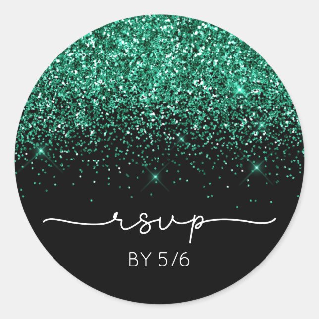 Sparkly Teal Green Glitter Black RSVP Classic Round Sticker (Front)