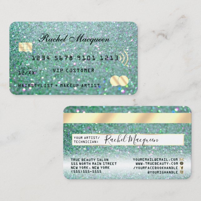 Sparkly Teal Green Gold Glitter Credit Business Card (Front/Back)