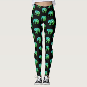 Sparkly teal green ombre Elephant pattern black Leggings