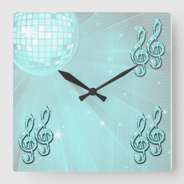 Sparkly Teal Music Note Square Wall Clock (Front)