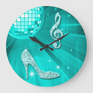 Sparkly Teal Music Note & Stiletto Heel Large Clock