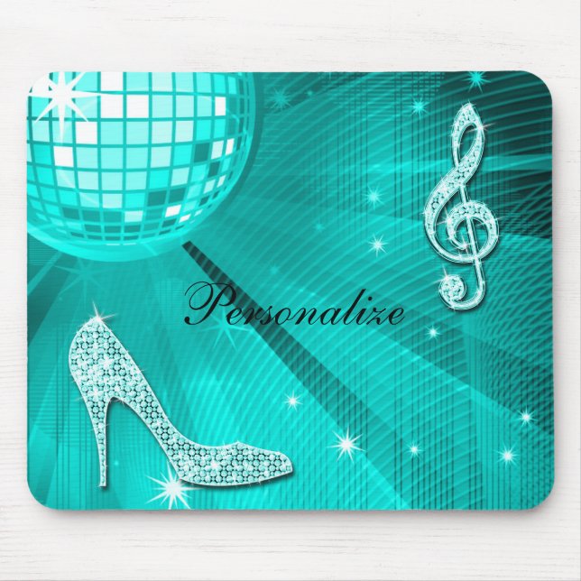 Sparkly Teal Music Note & Stiletto Heel Mouse Mat (Front)