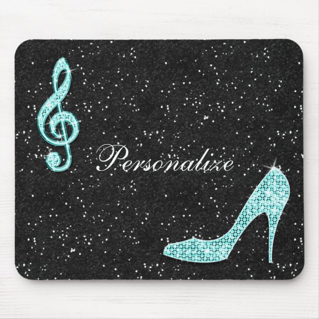 Sparkly Teal Music Note & Stiletto Heel Mouse Mat (Front)