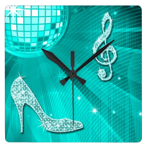 Image of Sparkly Teal Music Note & Stiletto Heel Square Wall Clock