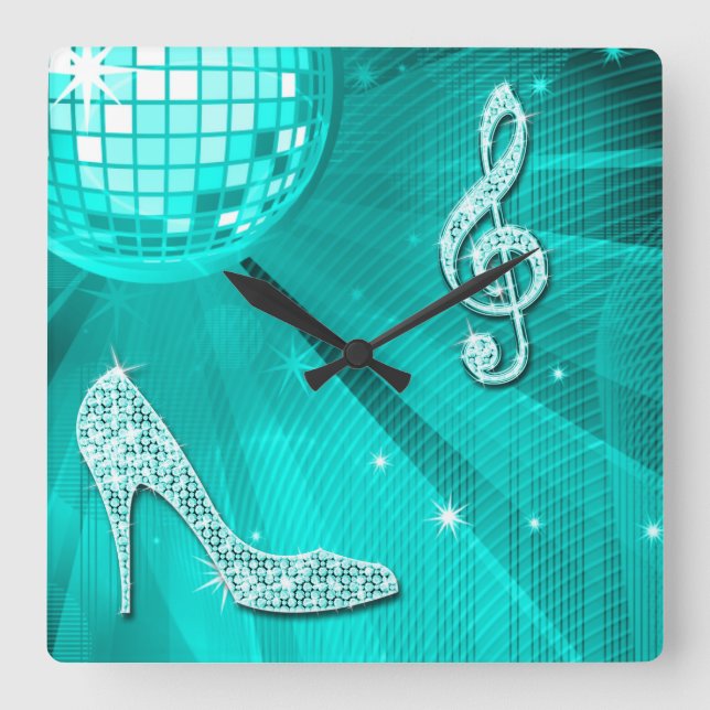 Sparkly Teal Music Note & Stiletto Heel Square Wall Clock (Front)