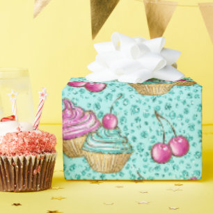 Sparkly Turquoise Pink and Blue Cupcakes Birthday Wrapping Paper