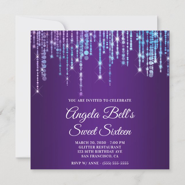Sparkly Unicorn Lights Royal Purple Sweet Sixteen Invitation (Front)