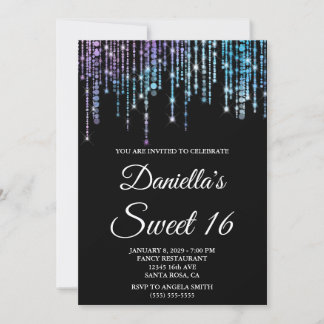 Sparkly Unicorn String Lights Black Sweet 16 Invitation