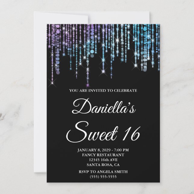 Sparkly Unicorn String Lights Black Sweet 16 Invitation (Front)