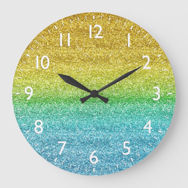 Sparkly Yellow and Blue Gradient Glitter Large Clock (Front)