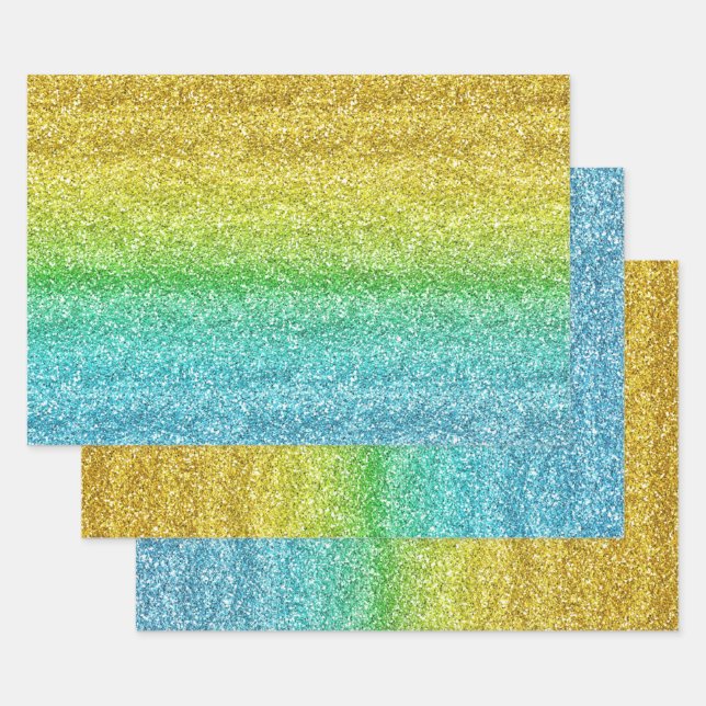 Sparkly Yellow and Blue Gradient Glitter Wrapping Paper Sheet (Set)