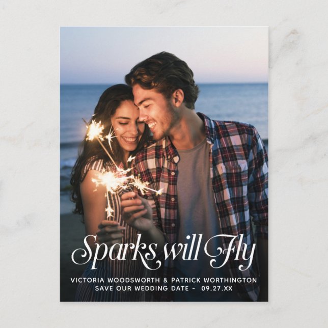 Sparks Will Fly Typography Wedding Save the Date Announcement Postcard (Front)