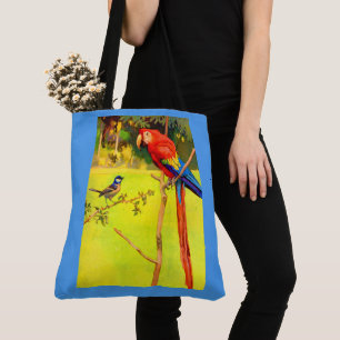 sparrow and parrot print tote bag