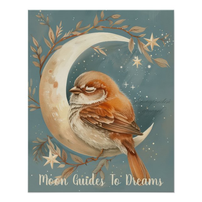 Sparrow bird baby sleeping on Moon Poster (Front)