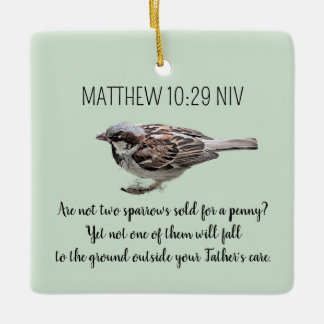 Sparrow Bird Cast Your Cares Bible Verse Green Ceramic Ornament