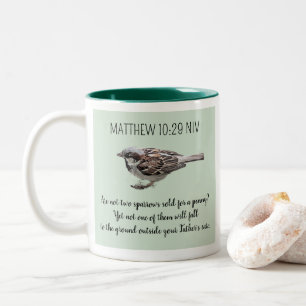 Sparrow Bird Cast Your Cares Bible Verse Green Two-Tone Coffee Mug