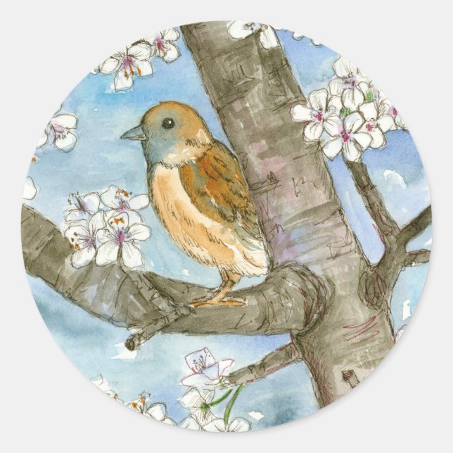 Sparrow Bird Flowering Tree Watercolor Painting Classic Round Sticker (Front)