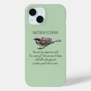 Sparrow Bird Photo God Cares Bible Verse Green iPhone 15 Case