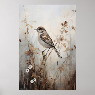 Sparrow in Field Print, Rustic Cottagecore Wall Poster