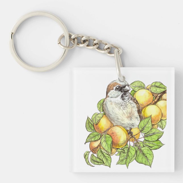 Sparrow on an apricot branch key ring (Front)