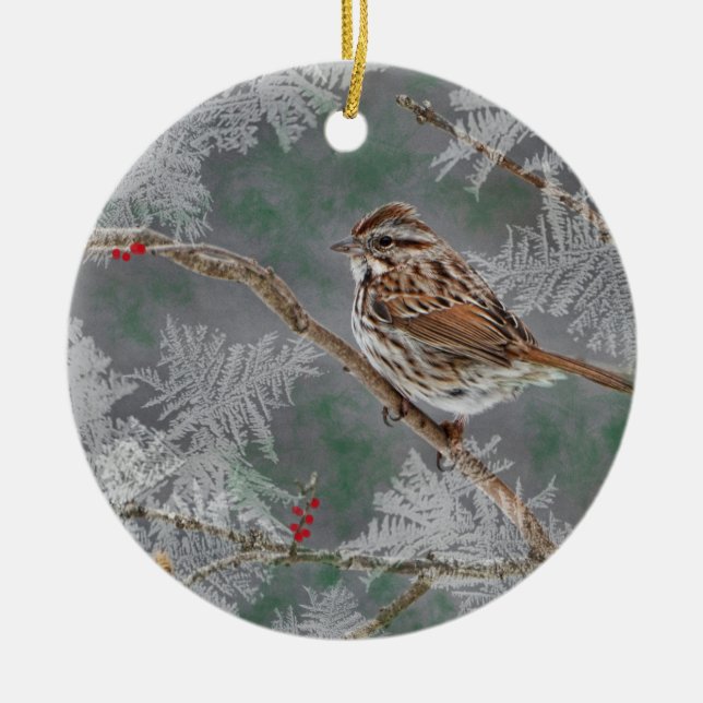 Sparrow  on twigs ornamant ceramic tree decoration (Front)