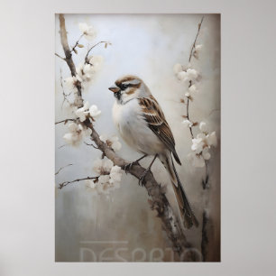 Sparrow Spring Forest Print, Rustic Bird Nursery Poster