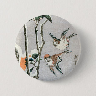 Sparrows and Camellia in Snow by Ando Hiroshige 6 Cm Round Badge