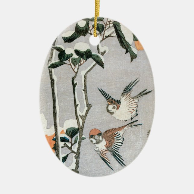 Sparrows and Camellia in Snow by Ando Hiroshige Ceramic Tree Decoration (Front)