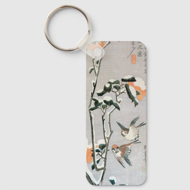Sparrows and Camellia in Snow by Ando Hiroshige Key Ring (Front)