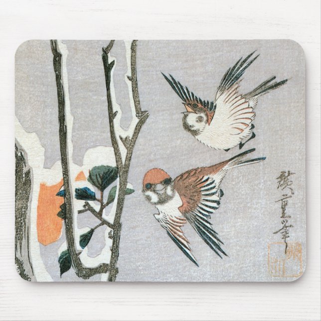 Sparrows and Camellia in Snow by Ando Hiroshige Mouse Mat (Front)