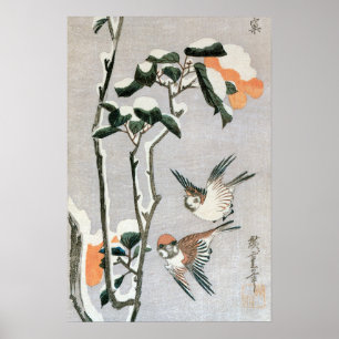 Sparrows and Camellia in Snow by Ando Hiroshige Poster